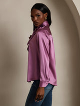[Deep Purple] Model wearing purple silk high-neck long sleeve blouse with bow tie detail 004