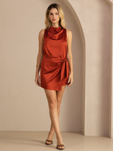 [Caramel] Red silk cowl neck sleeveless short dress with waist tie on model 006