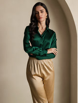 [Dark Green] SilkSilky  Long Sleeve Lapel Collar Women's Shirts 007