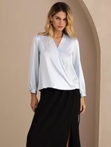 [Light Blue] SilkSilky  Long Sleeve Wrap Women's Blouse 001