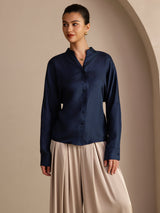 [Dark Blue] SilkSilky  Long Sleeve Split Women's Blouse 004