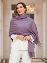 [Purple] Close front view of a rectangular wool shawl with fringed edges, 200 by 70 cm, in muted purple 003