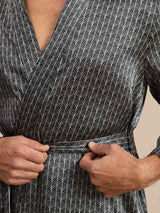 [Black Ginkgo] Men's black mulberry silk robe with white ginkgo print and belted waist 006