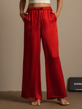[Wine] Red mulberry silk wide-leg pants with elastic drawstring waist and side pockets 001