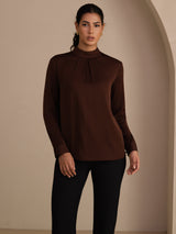 [Tan] SilkSilky Long Sleeve Stand Collar Women's Blouse 003