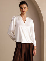 [White] SilkSilky  Long Sleeve Wrap Women's Blouse 003