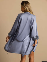 [Steel Blue] Model wearing dusty blue Mulberry silk robe with floral lace cuffs, back view 002
