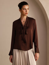 [Bitter Chocolate] SilkSilky Long Sleeve Tie Neck Women's Blouse 001