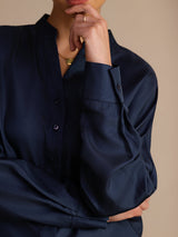 [Dark Blue] SilkSilky  Long Sleeve Split Women's Blouse 005