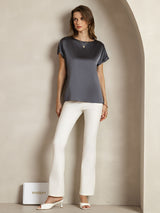 [Dark Gray] Women's dark gray silk boat neck short sleeve top with loose fit 003