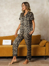 [Leopard] Women's leopard print silk pajama set with short-sleeve lapel top and pants 004