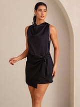 [Black] Black silk cowl neck sleeveless short dress with waist tie and above-knee hem 004