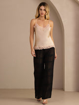 [Champagne] Champagne lace-trim V-neck camisole top on a model in a full-body front view with arms relaxed and feet close together. 007