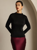 [Black] Black women's pure silk long sleeve mock neck top with fitted silhouette 008