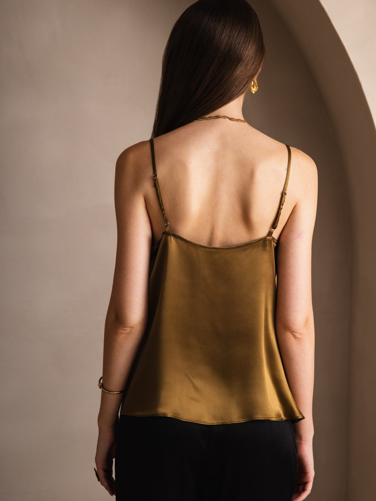 [Brown] SilkSilky  Spaghetti Strap Cowl Neck Camisole Top 002