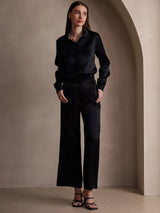 [Black] Black silk long sleeve lapel collar women's shirt with matching wide-leg pants 007