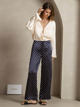 [Navy Chain] Model wearing navy chain print silk wide-leg pants with drawstring waist 003
