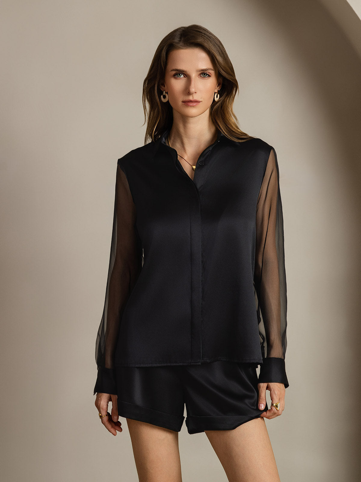 [Black] Black silk sheer sleeve lapel collar shirt with button front, worn by model 001