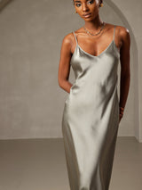[Grayish Green] SilkSilky  Spaghetti Strap V Neck Dress 003