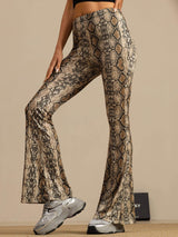 [Snakeskin] Full front view: high-rise flared trousers with a gray-brown snakeskin print, with the silhouette and hem visible. 005