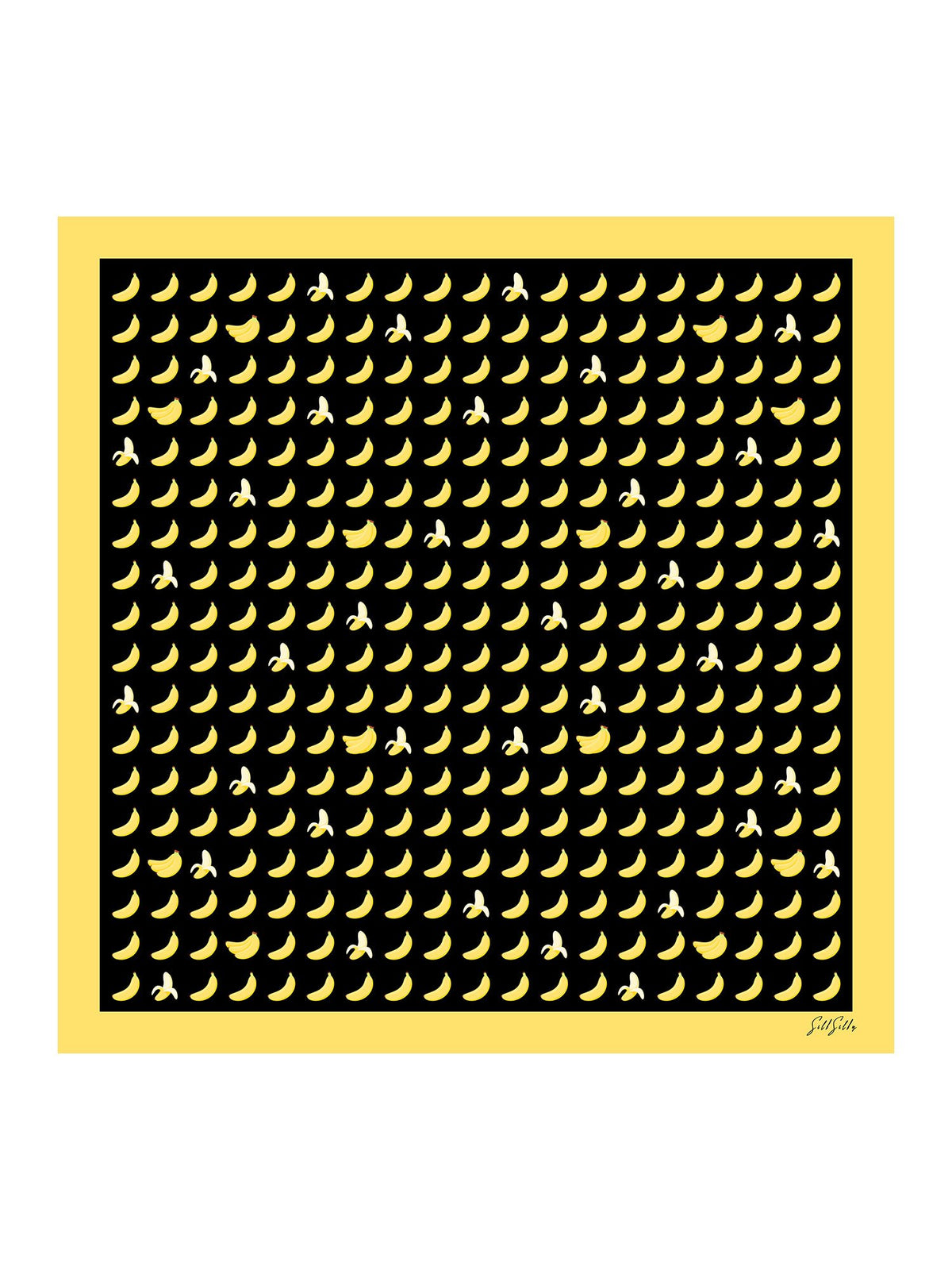 [Black Banana] Flat-lay view of a 90 cm square mulberry silk scarf in black with a yellow banana pattern and yellow border 001