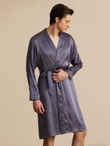 [Navy Ginkgo] Men's knee-length mulberry silk robe with ginkgo print and belted design 004