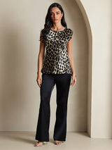 [Leopard] Leopard print 19Momme silk cap sleeve round neck women's top with black pants 003