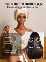 [Beige] Mulberry silk bonnet with long tie, shown with hair care benefits and before-after frizz reduction 003