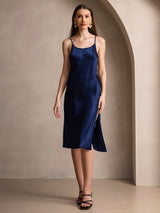 Navy blue mulberry silk midi dress with slim straps, U-neckline and side slit