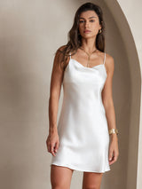 [White] White 100% mulberry silk spaghetti strap cowl neck short dress, straight silhouette 003