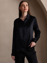 [Black] Black silk long sleeve lapel collar women's shirt with concealed button front 003