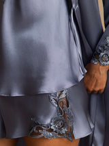 [Steel Blue] Gray Mulberry silk robe and camisole set with floral lace embroidery details 005