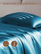 [Teal] Blue mulberry silk pillowcase with cooling airflow graphic, breathable and temperature regulating 005