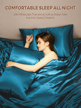 [Teal] Woman sleeping on teal silk pillowcase bedding with text 'COMFORTABLE SLEEP ALL NIGHT' 006