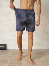 [Navy Ginkgo] Men's navy Mulberry silk sleep shorts with ginkgo print and elastic waist 003