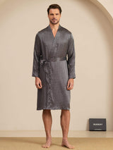 [Black Ginkgo] Men's knee-length mulberry silk robe with ginkgo print and belted waist, black 007