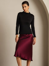 [Black] Woman in black Mulberry silk long sleeve mock neck top with burgundy silk skirt 006