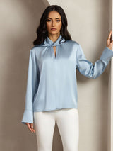 [Grayish Blue] SilkSilky  Long Sleeve Keyhole Neck Women's Blouse 009