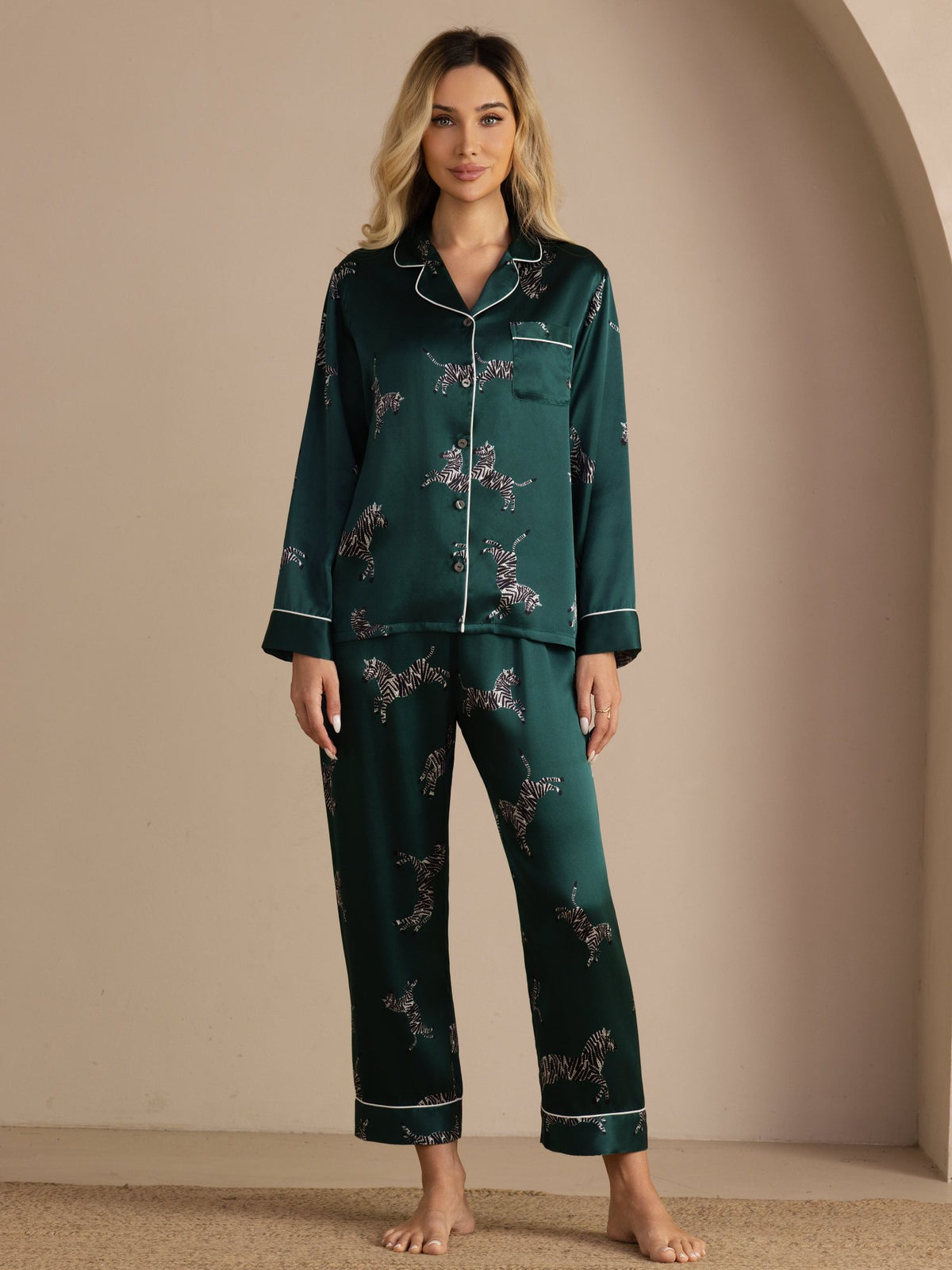 [Emerald Zebra] SilkSilky Long Sleeve Lapel Collar Women's Pajamas 001