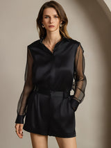 [Black] Black silk sheer sleeve lapel collar shirt with button front, worn with shorts 005
