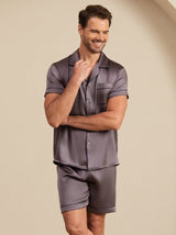 [Purple Gray] Men's silk short sleeve notch collar pajama set in dark gray with shorts 005