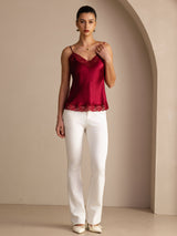 [Wine] Wine red lace-trim V-neck camisole top on a model in a full-body front view with arms relaxed and feet close together. 006