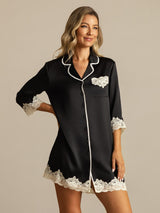 [Black] SilkSilky  Half Sleeve Lapel Collar Nightshirt 008