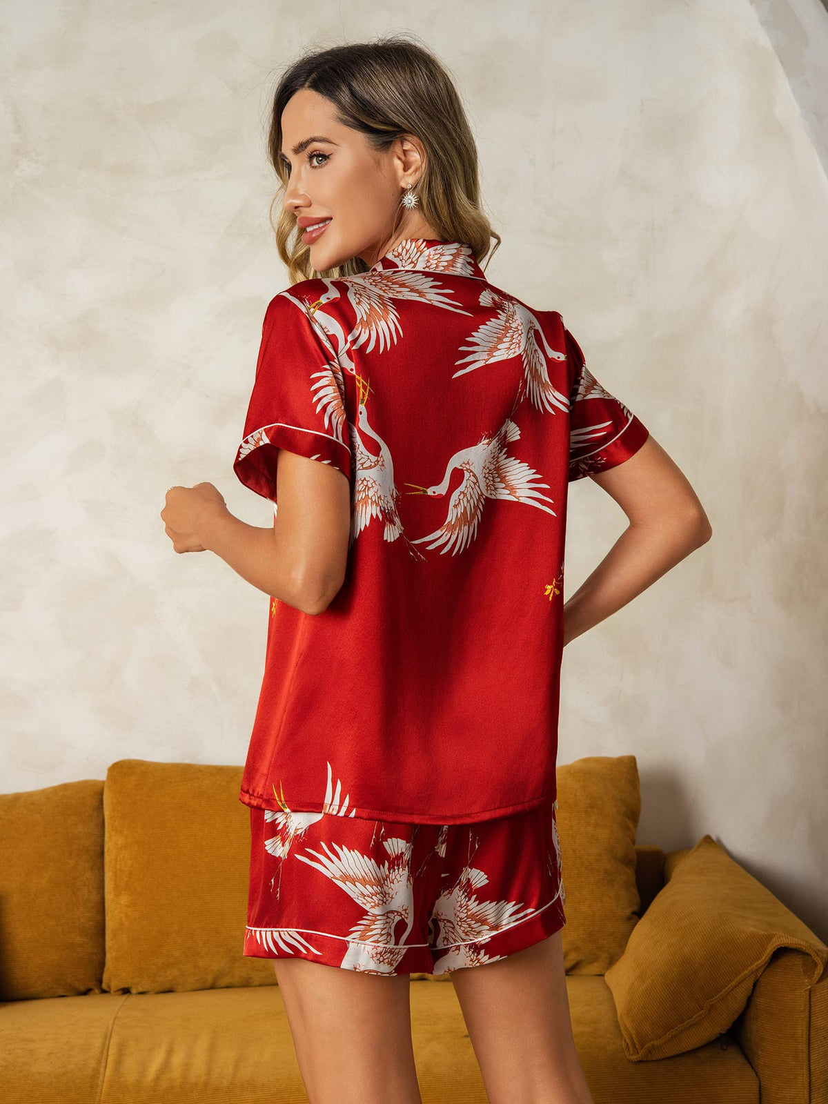[Dark Red] SilkSilky  Short Sleeve Lapel Collar Women's Pajamas 002