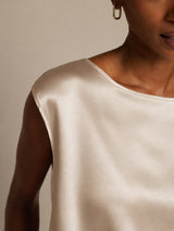 [Beige] SilkSilky  Cap Sleeve Round Neck Women's T-Shirt 004