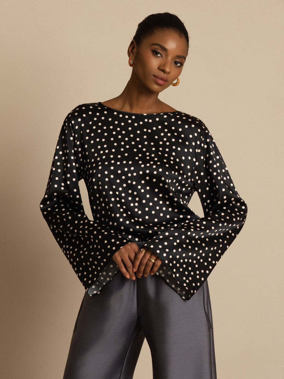 [Polka Dot] SilkSilky  19Momme Silk Long Sleeve Boat Neck Blouse 001