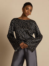 [Polka Dot] SilkSilky  19Momme Silk Long Sleeve Boat Neck Blouse 001