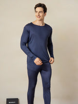 [Dark Blue] Male model wearing navy men's silk jersey long johns with crew neck top and leggings 002