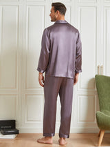 [Purple Gray] Men's purple gray mulberry silk pajamas set, back view, long sleeve notch collar 002