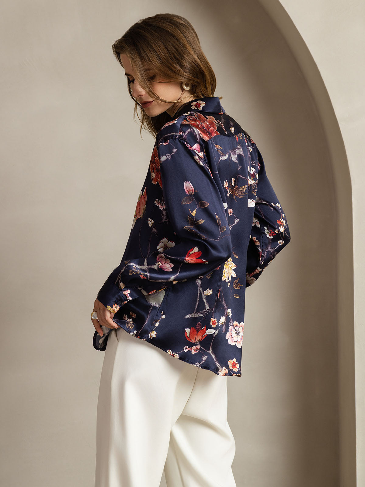 [Navy Floral] SilkSilky  Long Sleeve Lapel Collar Women's Shirts 002